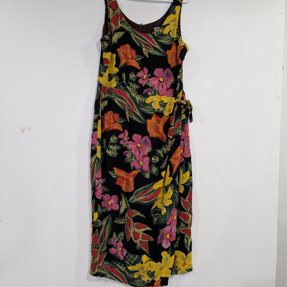 Dawn Joy Floral Sleeveless Midi Dress Black Pink Yellow VINTAGE Size Medium
